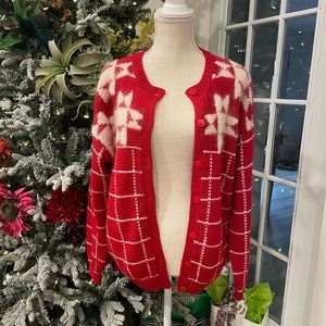 Vintage Hand Knit Red Mohair Button Sweater Cardigan Size L